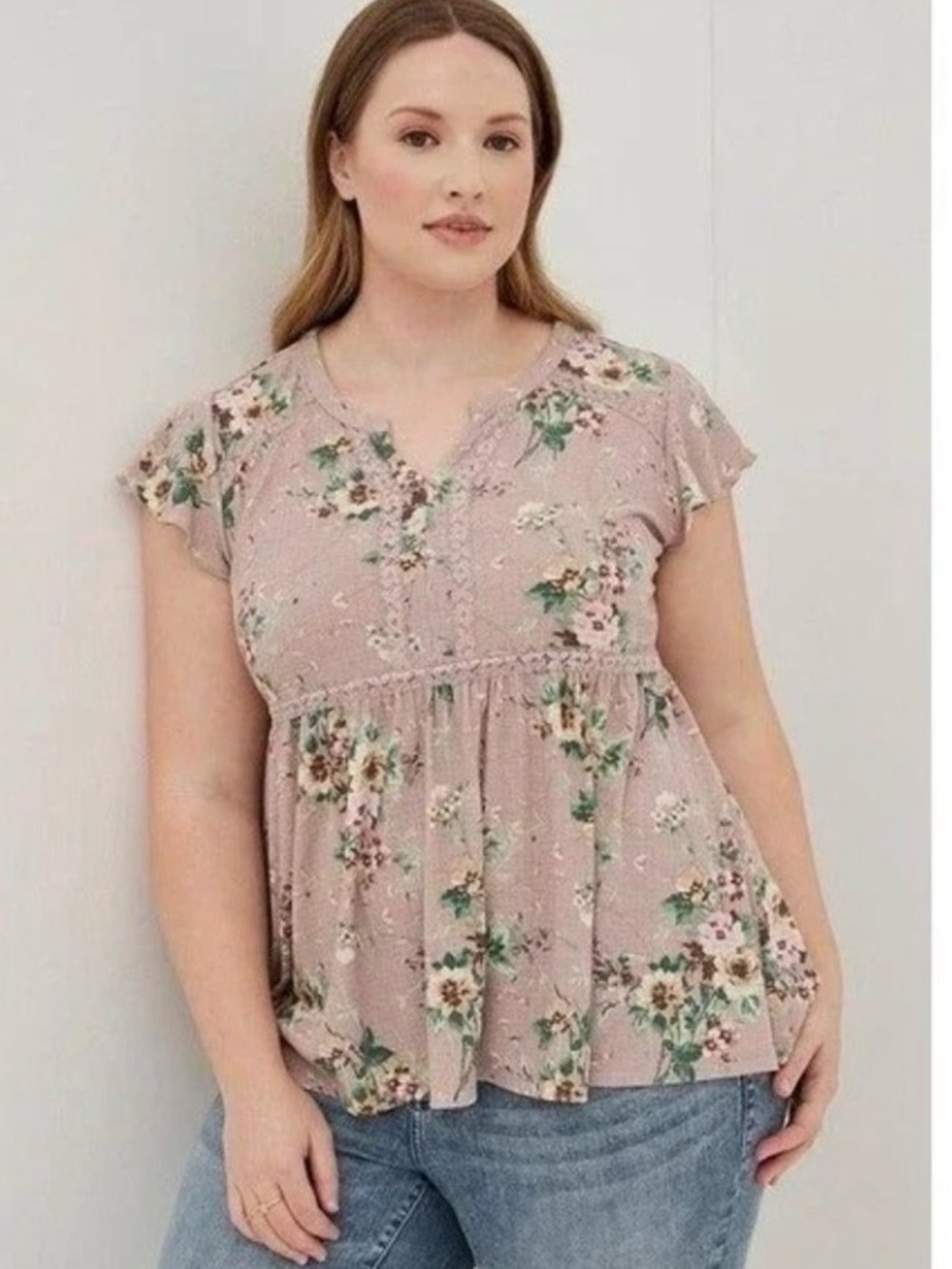 Torrid Size 4X Babydoll Blouse Flutter Sleeves Floral Print Lace Detail